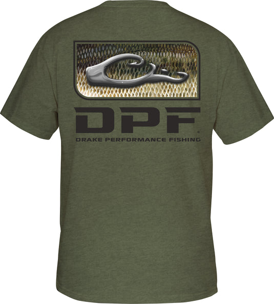 DPF Bass T-Shirt featuring back screen print of DPF badge with Largemouth Bass skin and front left chest Drake Fishing logo.