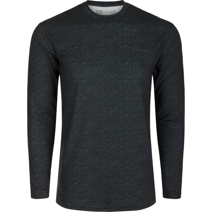 A lightweight black long-sleeved Performance Crew shirt with cooling, moisture-wicking, and quick-drying features. Perfect for outdoor activities like hunting and fishing.