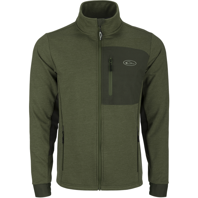 Hybrid Windproof Jacket with 4-Way Stretch Cuffs, Fleece Backing, and Zippered Pockets. Perfect for cool fall days and nights.