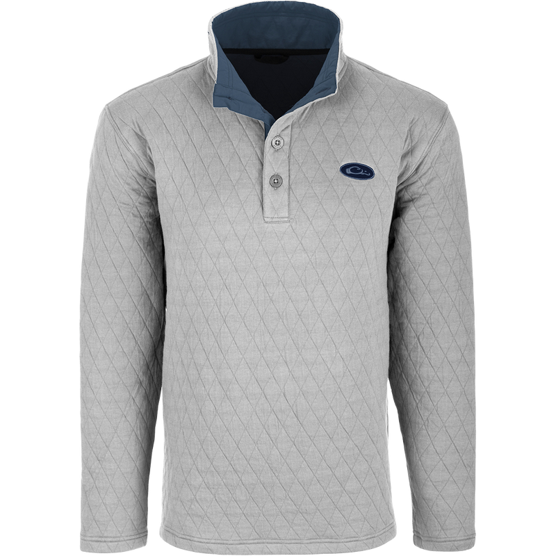 Delta Quilted Sweatshirt with a grey long-sleeved design, blue collar, button front, and fleece backing, ideal for outdoor activities in cooler weather.