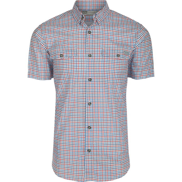 Frat Tattersall Shirt S/S - A lightweight performance shirt with UPF30 sun protection, moisture-wicking fabric, and a hidden button-down collar. Features include vented cape back, button-through flap chest pockets, sculpted hem, and built-in sunglass wipe. Classic styling meets technical functionality.