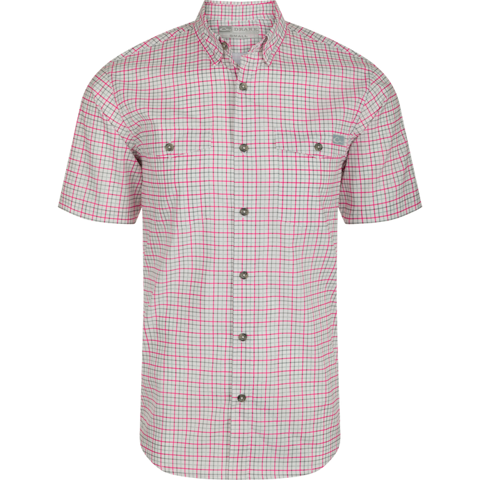 Frat Tattersall Shirt: Lightweight red and white plaid shirt with hidden button-down collar, chest pockets, and vented cape back. Sculpted hem with built-in sunglass wipe. Classic style meets technical features.