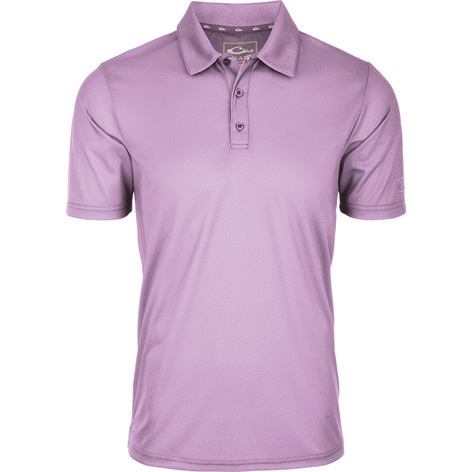 Heather Polo S/S: A classic silhouette with textured fabric, open sleeves, and a split tail hem. Built-in stretch and moisture-wicking for comfort.