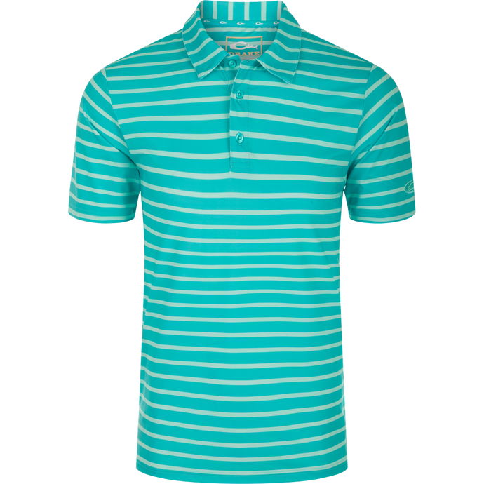 Performance S/S Stretch Striped Polo, a close-up of a comfortable shirt with 4-Way Stretch, moisture-wicking fabric, three-button placket, self-fabric collar, open sleeves, and a split tail hem. Perfect for any occasion.