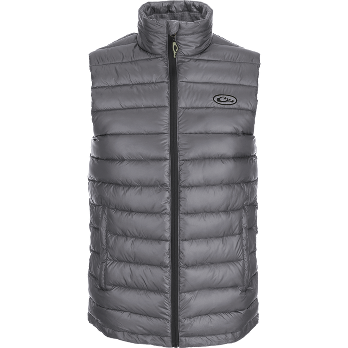 Solid Double-Down Vest with synthetic down insulation, YKK zippered pockets, and drawcord waist. Stay warm and stylish on the go!