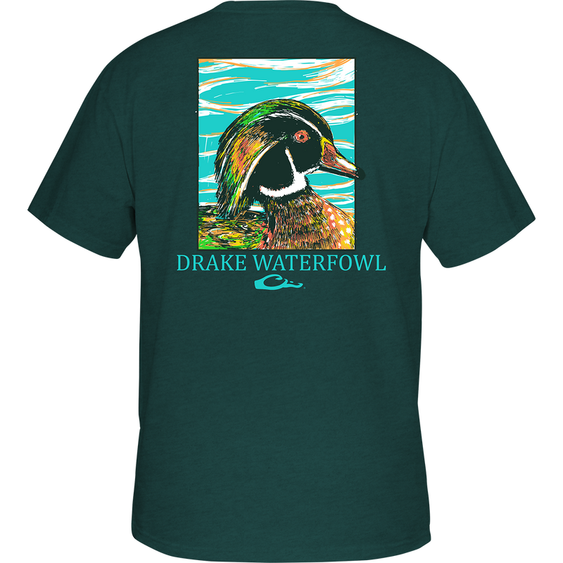 Pop Art Wood Duck T-Shirt with Drake logo on front pocket, 60% cotton/40% polyester blend, lightweight at 180 GSM.