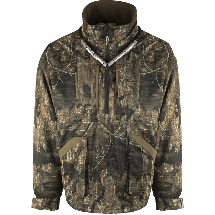 MST Refuge 3.0 Fleece-Lined 1/4 Zip Jacket - Realtree Timber, featuring camouflage pattern, zippered closure, and durable, waterproof fabric designed for hunting in various conditions.