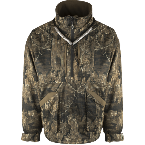 MST Refuge 3.0 Fleece-Lined 1/4 Zip Jacket - Realtree Timber, featuring camouflage pattern, zippered closure, and durable, waterproof fabric designed for hunting in various conditions.