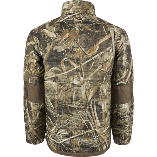 MST Camo Synthetic Down Two-Tone Pac Jacket, featuring a camouflage pattern, lightweight design, and packable into its zippered chest pocket. Ideal for versatile hunting and outdoor activities.