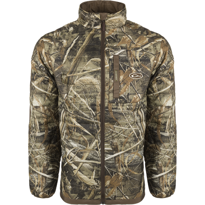 MST Camo Synthetic Down Two-Tone Pac Jacket with zipper, camouflage pattern, and reinforced elbow patches; ideal for hunting and outdoor activities.