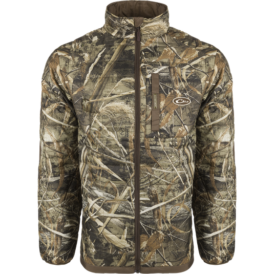 MST Camo Synthetic Down Two-Tone Pac Jacket with zipper, camouflage pattern, and reinforced elbow patches; ideal for hunting and outdoor activities.