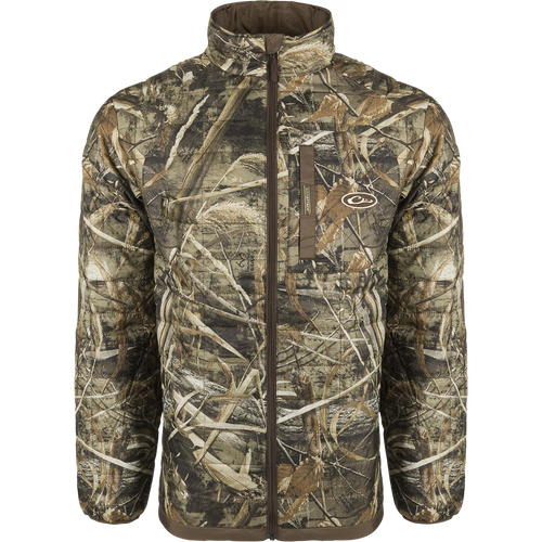 MST Camo Synthetic Down Two-Tone Pac Jacket - Max-5 featuring a camouflage pattern, zipper, and reinforced elbow patches, displayed against a black background.