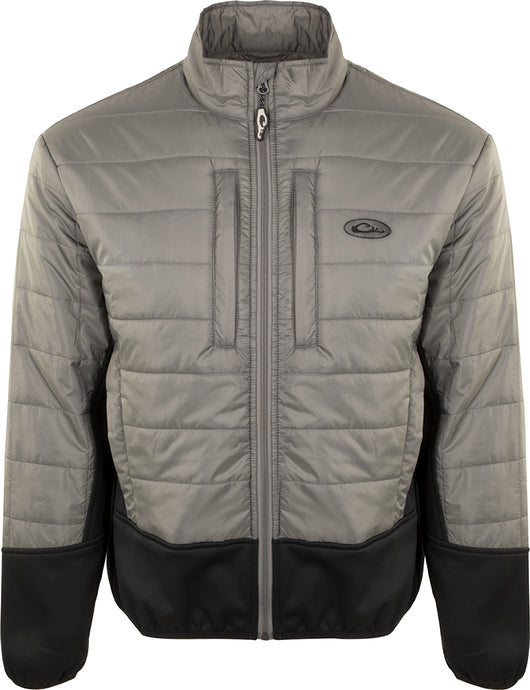 Two-Tone Synthetic Double-Down Full Zip jacket with horizontal baffle design, zippered chest pocket, and breathable side panels, ideal for chilly outdoor activities.