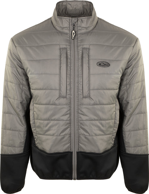 Two-Tone Synthetic Double-Down Full Zip jacket with horizontal baffle design, zippered chest pocket, and breathable side panels, ideal for chilly outdoor activities.