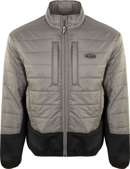 Two-Tone Synthetic Double-Down Full Zip jacket with horizontal baffle design, zippered chest pocket, and breathable side panels, ideal for chilly outdoor activities.