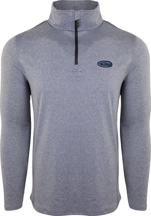 MicroLite Performance Half Zip grey long-sleeved shirt with logo, featuring four-way stretch, antimicrobial treatment, YKK coiled zipper, and integrated thumb loops.