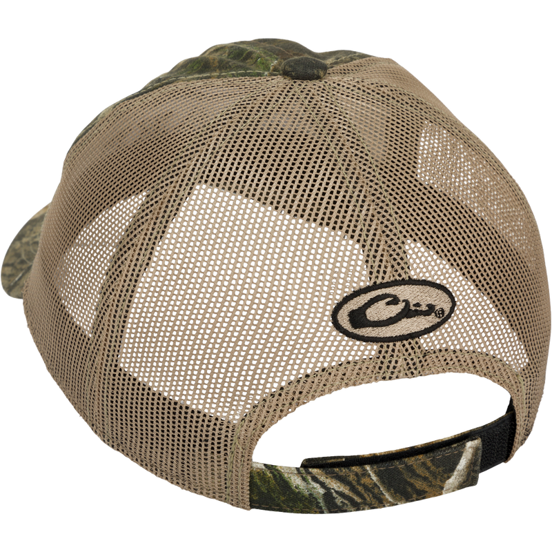 Mesh-Back Camo Cap with cotton camo front panels and structured mesh back, featuring hook & loop back closure and camo under the bill to reduce glare.