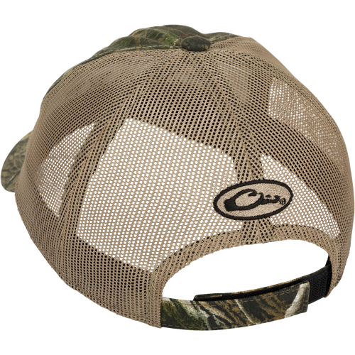 Mesh-Back Camo Cap with cotton camo front panels and structured mesh back, featuring hook & loop back closure and camo under the bill to reduce glare.