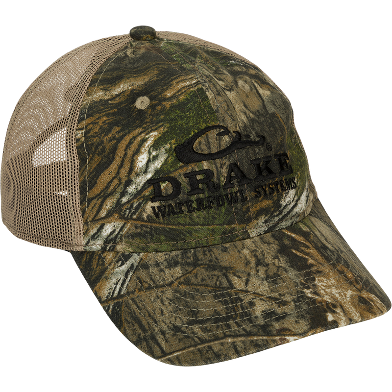 Mesh-Back Camo Cap with cotton camo front panels, semi-structured mesh back, and camo under the bill. Features a hook and loop back closure.