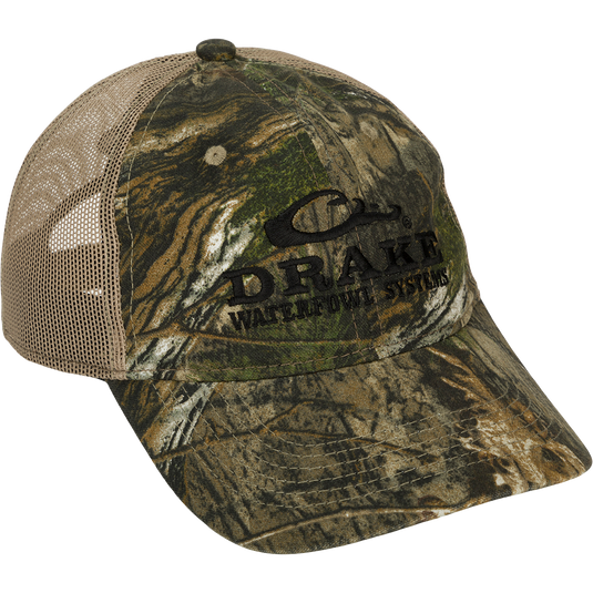 Mesh-Back Camo Cap with cotton camo front panels, semi-structured mesh back, and camo under the bill. Features a hook and loop back closure.