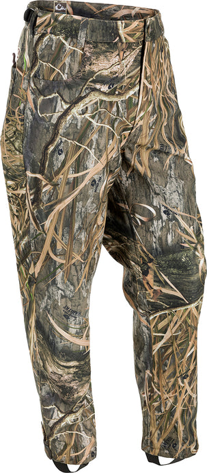 MST Windproof Bonded Fleece Pant, camouflage design, with waterproof outer material and fleece lining, featuring front slash pockets, rear pockets, and elastic foot stirrups.