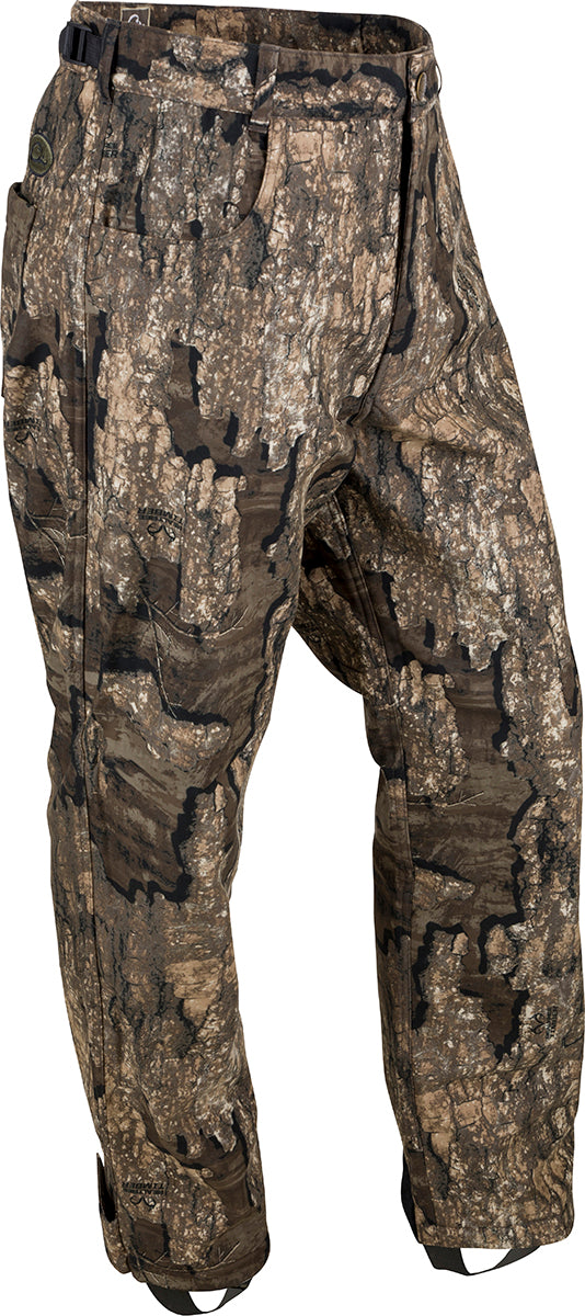 MST Windproof Bonded Fleece Pant, camouflage pattern, featuring waterproof material, fleece lining, front slash pockets, rear pockets, ankle garters, and elastic stirrups for hunting comfort.