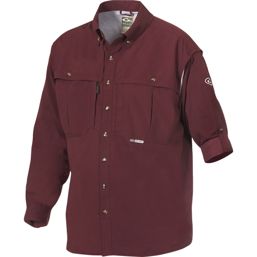 Solid Wingshooter's Shirt L/S with long sleeves, front and back ventilation, oversized chest pockets, zippered pocket, and sun-blocker collar.