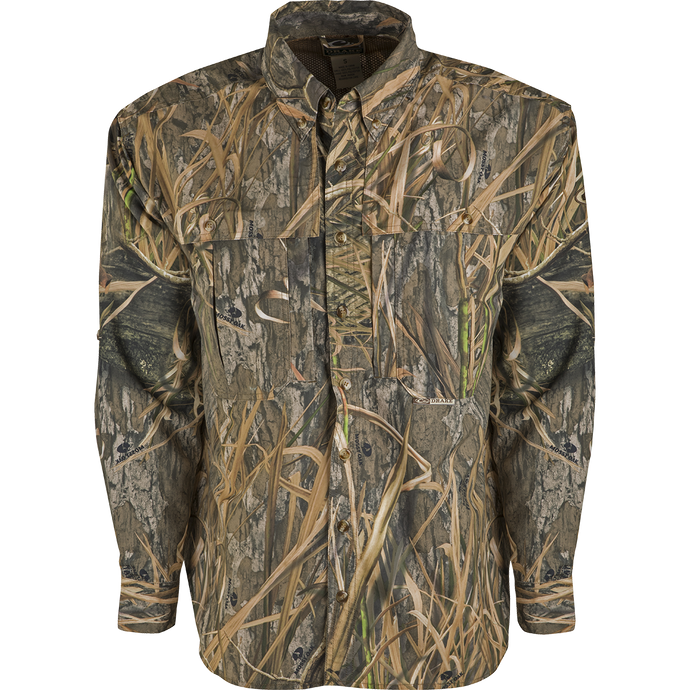 A lightweight, breathable Wingshooter's Shirt in EST Camo pattern. Features vents, mesh, and button tabs on sleeves for comfort and style.