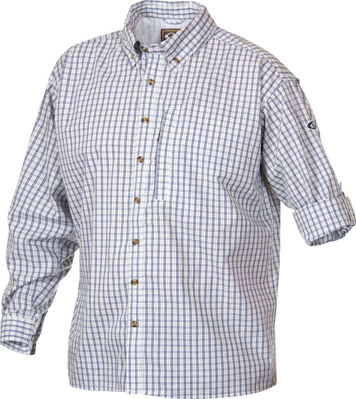 Delta Shirt L/S: white and blue plaid, classic button-up, quick-drying, breathable, with front and back heat vents and zippered vertical chest pocket.