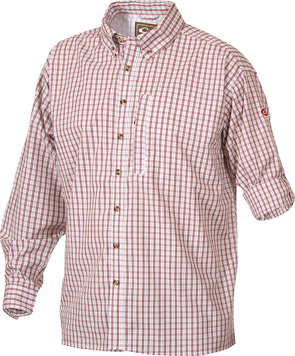 Delta Shirt L/S: red and white plaid, button-up with collar, vented back, zippered vertical chest pocket, made from quick-drying, breathable StayCool™ fabric.