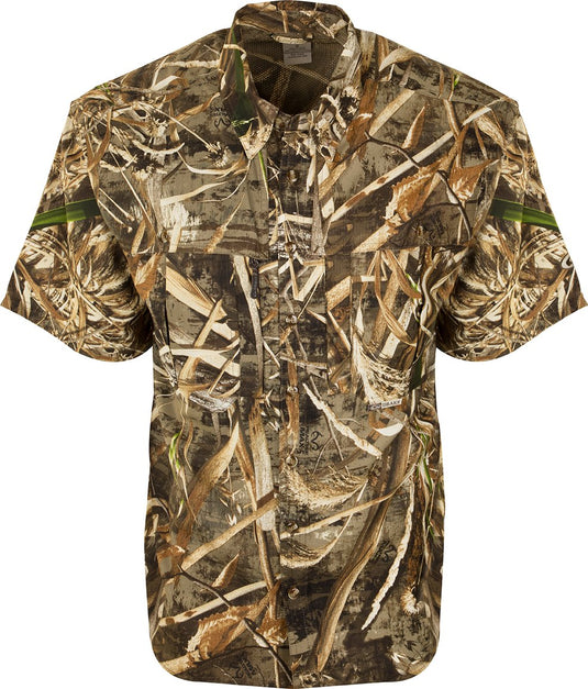 Camo Flyweight Wingshooter's Shirt S/S - Max-5, ultra-lightweight polyester, vented mesh back, Magnattach™ chest pocket, and UPF 50+ sun protection, ideal for early season hunting.