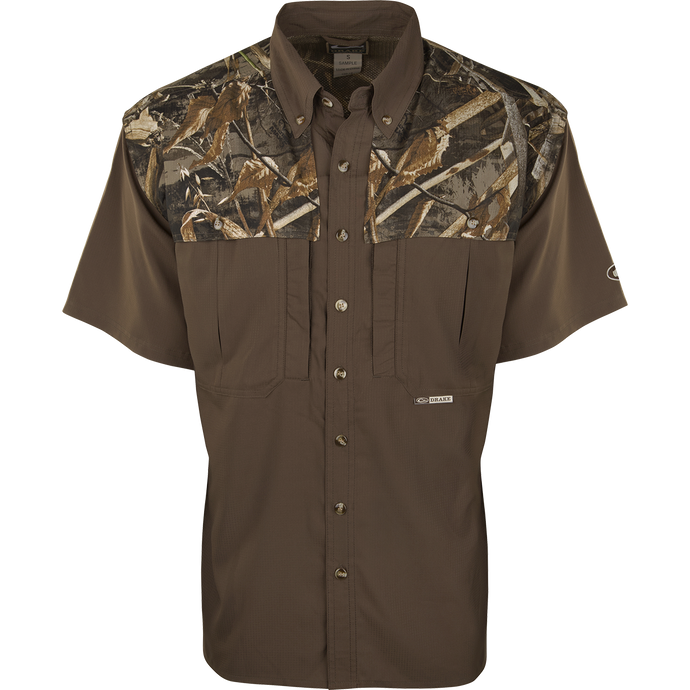 EST Two-Tone Camo Flyweight Wingshooter's Shirt S/S Max-5 with camouflage design, featuring buttons, vented mesh back, and large chest pockets for Early Season hunting.