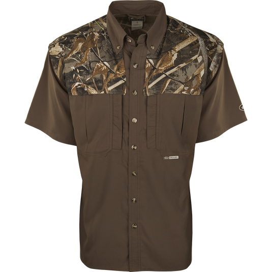 EST Two-Tone Camo Flyweight Wingshooter's Shirt S/S Max-5 with camouflage design, featuring buttons, vented mesh back, and large chest pockets for Early Season hunting.