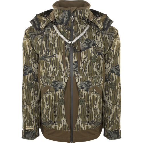 Guardian Flex™ Full Zip Jacket - Fleece Lined - Original Treestand, featuring camouflage pattern, multiple pockets, YKK® zippers, and adjustable hood for waterfowl hunting.