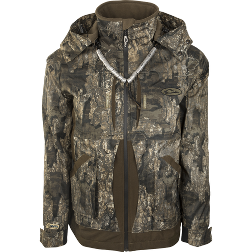 Guardian Flex™ Full Zip Jacket Fleece Lined - Realtree featuring a camouflage pattern and multiple pockets, designed for waterfowl hunting with durable, waterproof stretch fabric.