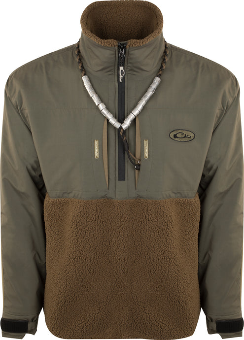 MST Guardian Flex™ Sherpa Fleece Eqwader™ 1/4 Zip jacket featuring a mix of waterproof fabric and breathable fleece, with visible zippers and bead accents.