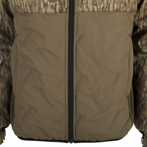 LST Guardian Flex Double Down Eqwader Full Zip w/ Hood: A khaki jacket with a close-up of a zipper and multiple pockets. Waterproof, windproof, and insulated for comfort in any weather.