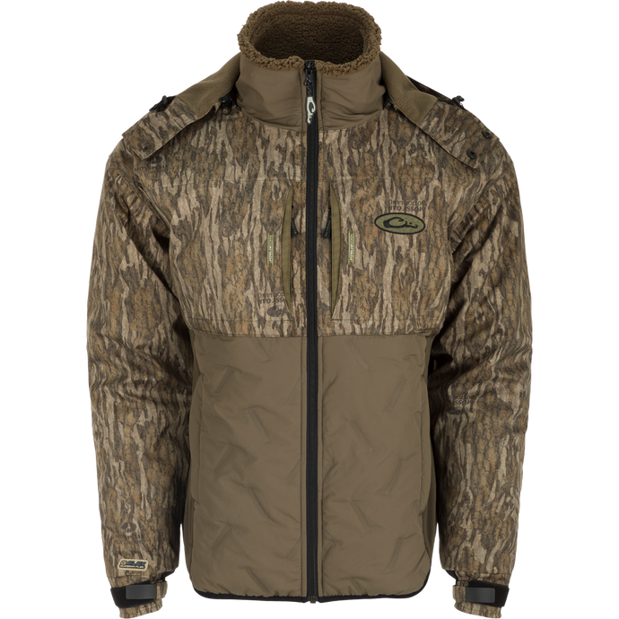 LST Guardian Flex Double Down Eqwader Full Zip w/ Hood: Waterproof jacket with camouflage pattern, zipper details, and fleece-lined hood. Stay protected and comfortable in any weather.