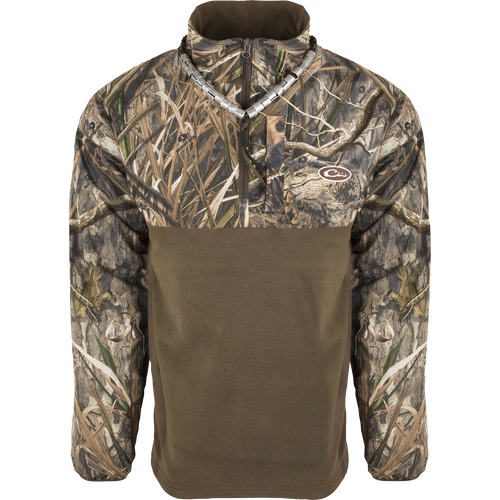 A camouflage jacket with innovative features and advanced fabrics, MST 1/4 Zip Refuge Eqwader Pullover from Drake Waterfowl. Waterproof, windproof, and breathable, perfect for waterfowl hunting.