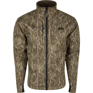 MST Windproof Softshell Jacket: A jacket with a tree pattern, featuring a zippered front, adjustable drawcord waist, and multiple pockets for secure storage. Stay warm and dry in all weather with this high-quality hunting gear.