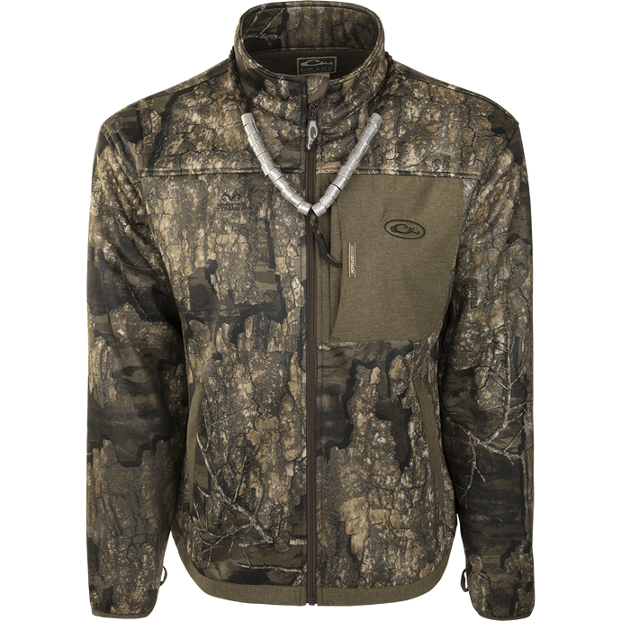 MST Endurance Hybrid Liner Full Zip - Realtree Timber jacket, featuring a full zipper, zippered pockets, and elastic cuffs for comfort and mobility.