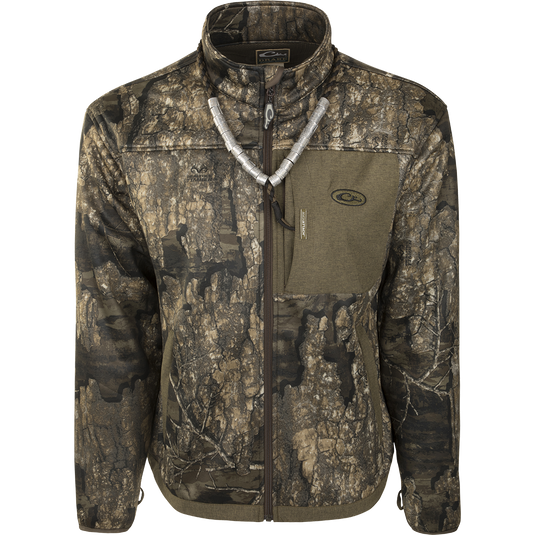 MST Endurance Hybrid Liner Full Zip - Realtree Timber jacket, featuring a full zipper, zippered pockets, and elastic cuffs for comfort and mobility.