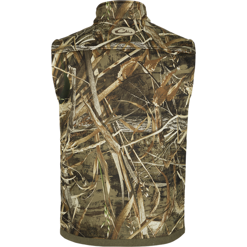 Endurance Vest - Max-5: Camouflage vest with leaf and branch pattern, featuring a stand-up collar, zippered chest pockets, and hand warmer pockets, ideal for duck hunting.