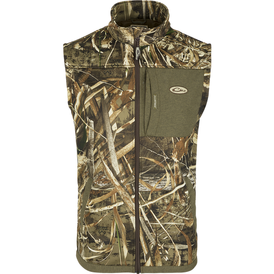 Endurance Vest - Max-5: Camouflage vest with stand-up collar, zippered and magnetic chest pockets, and hand warmer pockets; designed for mobility and insulation in hunting.