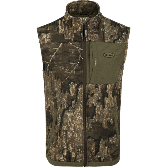 Endurance Vest featuring a stand-up collar, vertical zippered chest pocket, magnetic chest pocket, and lower hand warmer pockets, offering mobility and insulation.