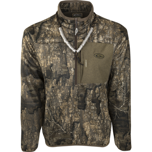 MST Endurance 1/4 Zip camouflage jacket with zippers and pockets, featuring breathable Endurance fabric and elastic cuffs and waist for comfort and mobility.