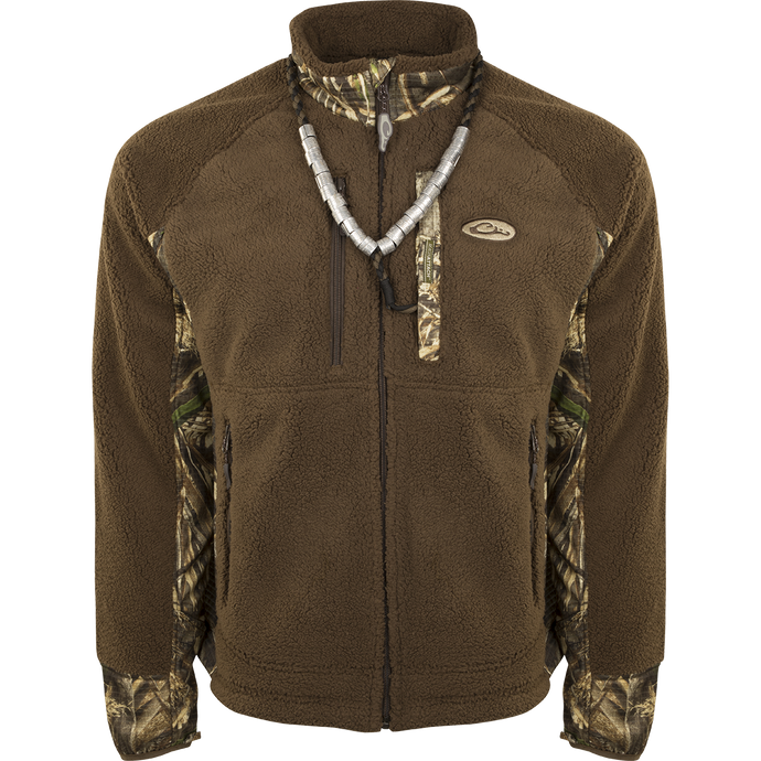 MST Sherpa Fleece Hybrid Liner Full Zip jacket with necklace, showing windproof membrane and zippered chest pocket.