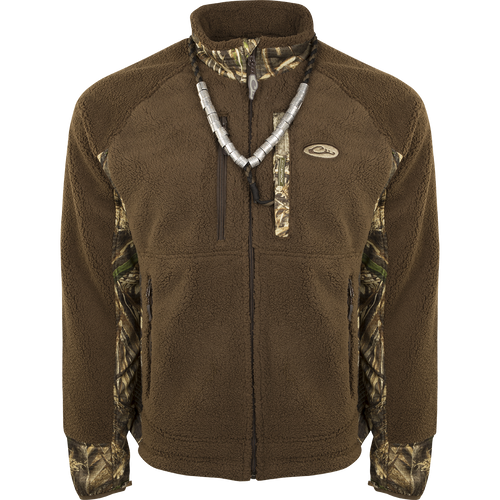 MST Sherpa Fleece Hybrid Liner Full Zip jacket with necklace, showing windproof membrane and zippered chest pocket.