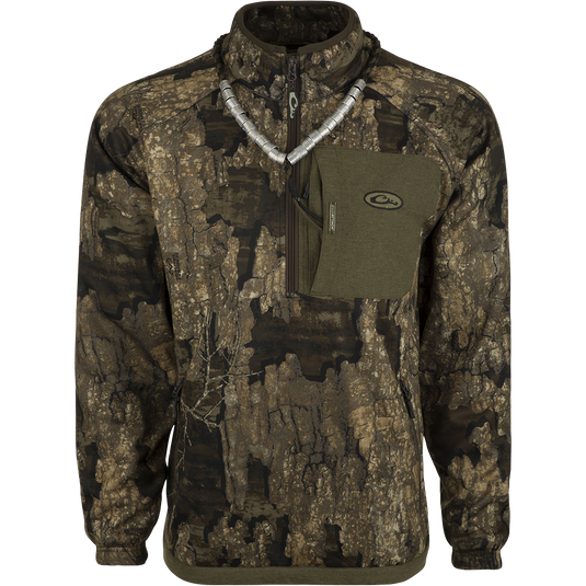 MST Endurance 1/4 Zip Camo Pullover - Realtree Timber with Magnattach™ and zippered chest pockets, featuring elastic waist and cuffs for mobility and comfort.