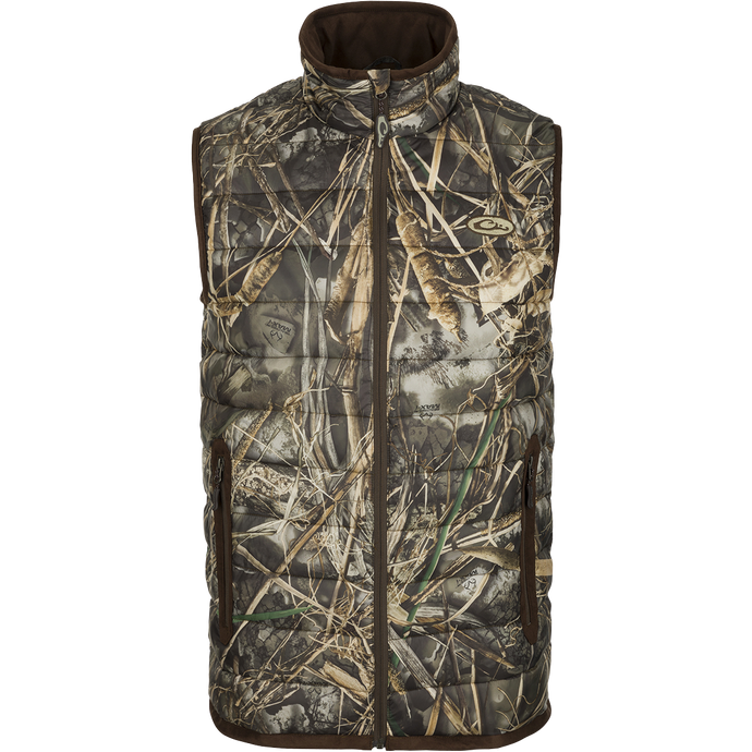 LST Camo Double Down Vest with camouflage pattern, featuring horizontal baffle design, zippered lower pockets, and suede accents. Made of 100% polyester with 160-gram synthetic down insulation.